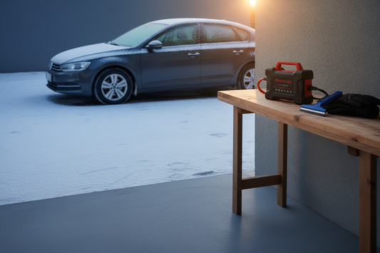 Winter car preparation with a portable winter accessory beside a snowy vehicle